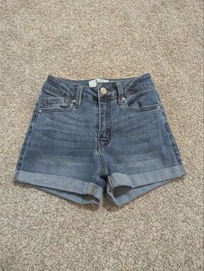 refuge Dark Blue Denim High-Rise Rolled Hem Shorts